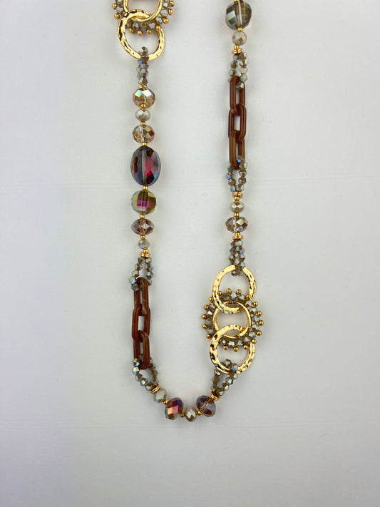 Collier Sautoir à Perles Pierres Et Boucles Taupe