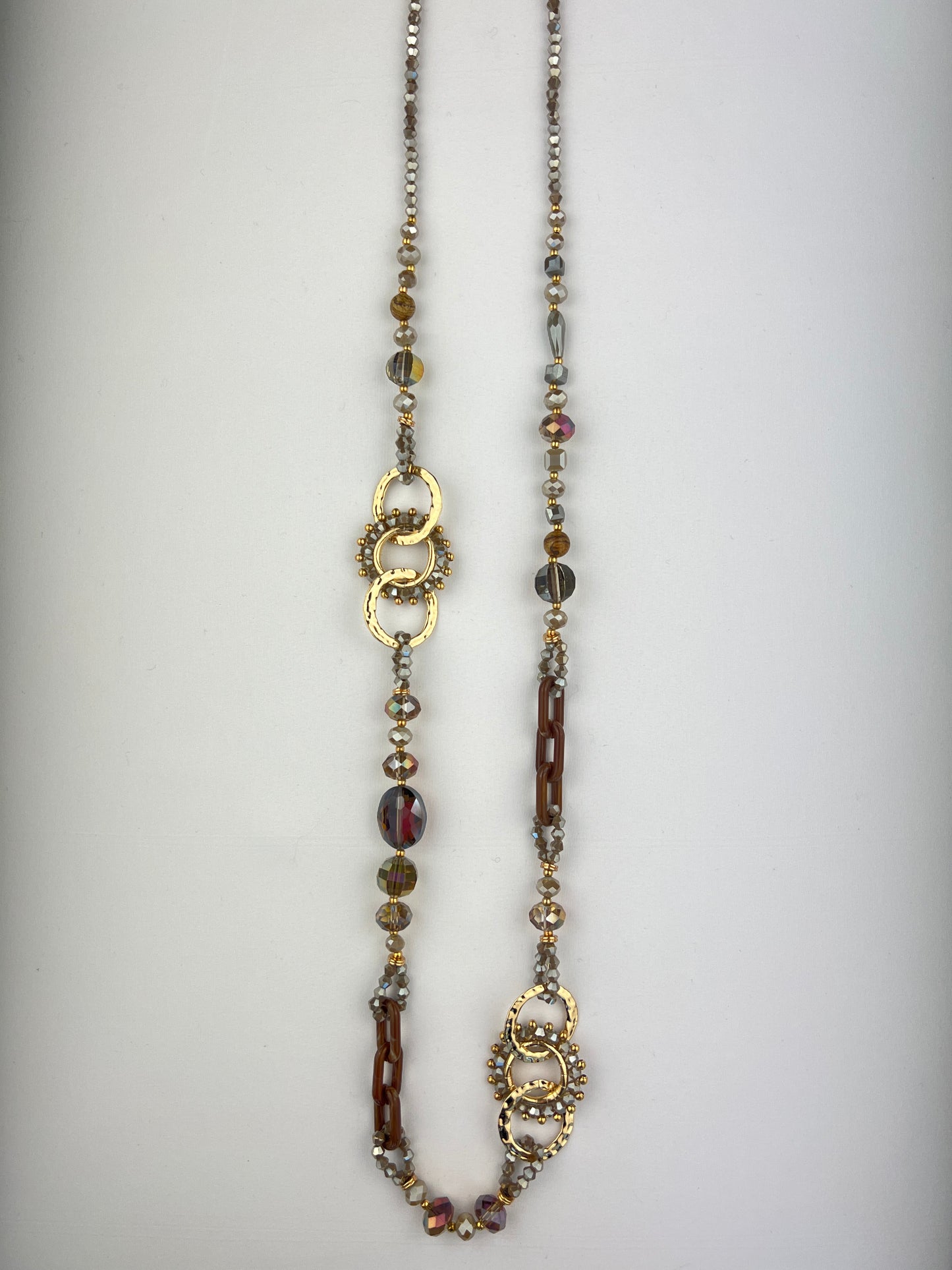 Collier Sautoir à Perles Pierres Et Boucles Taupe