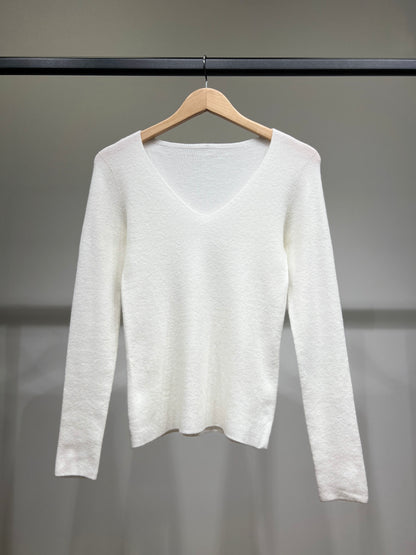 Pull Maille Fine Col V Côtelé Avec Laine Nylon