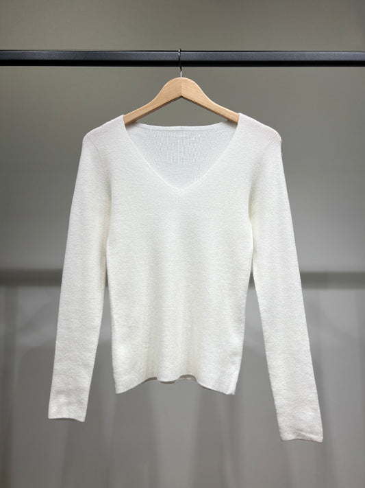 Pull Maille Fine Col V Côtelé Avec Laine Nylon