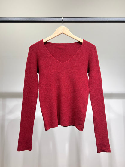 Pull Maille Fine Col V Côtelé Avec Laine Nylon