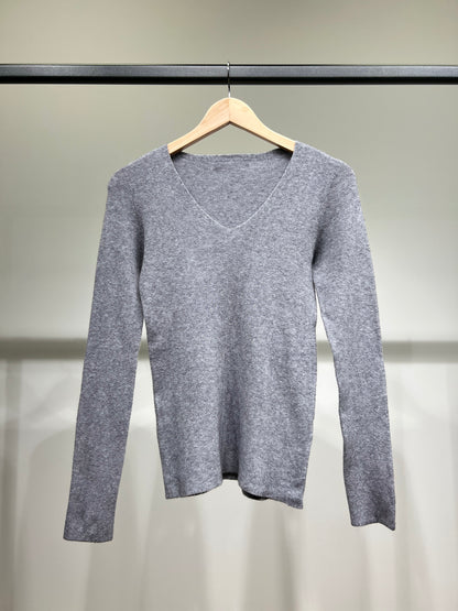 Pull Maille Fine Col V Côtelé Avec Laine Nylon