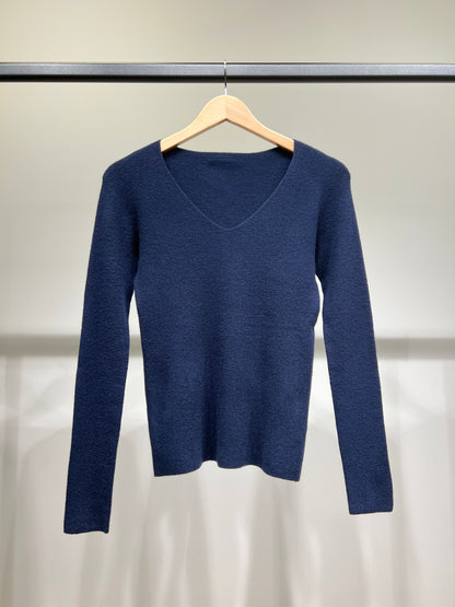 Pull Maille Fine Col V Côtelé Avec Laine Nylon
