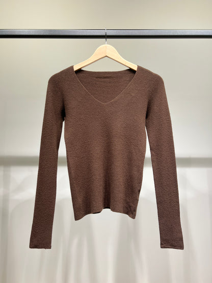 Pull Maille Fine Col V Côtelé Avec Laine Nylon