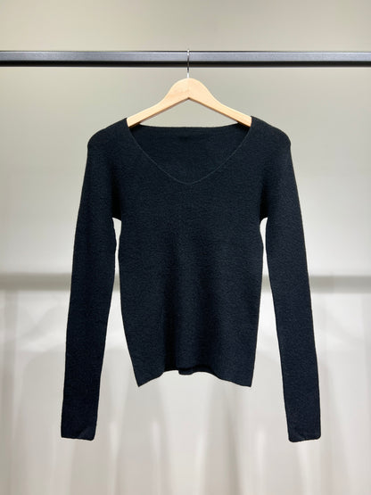 Pull Maille Fine Col V Côtelé Avec Laine Nylon