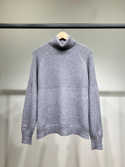 Pull Large Col Roulé Semi-Côtelé Bords-Côtes