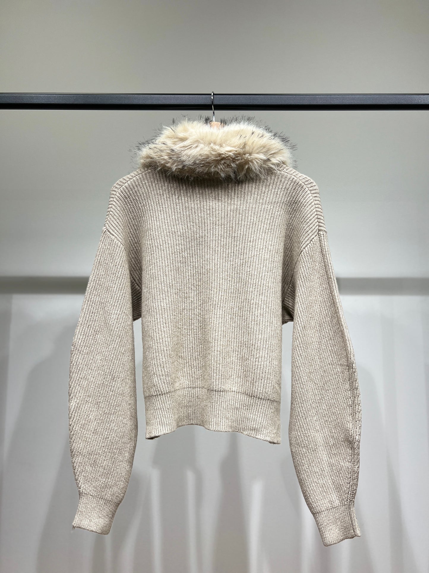 Pull Cardigan Côtelé à Col Fausse Fourrure Amovible