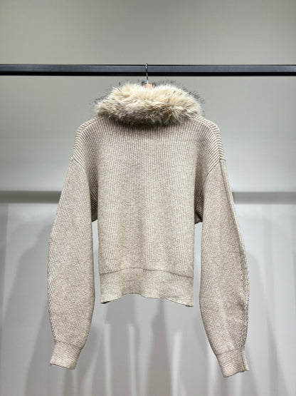 Pull Cardigan Côtelé à Col Fausse Fourrure Amovible