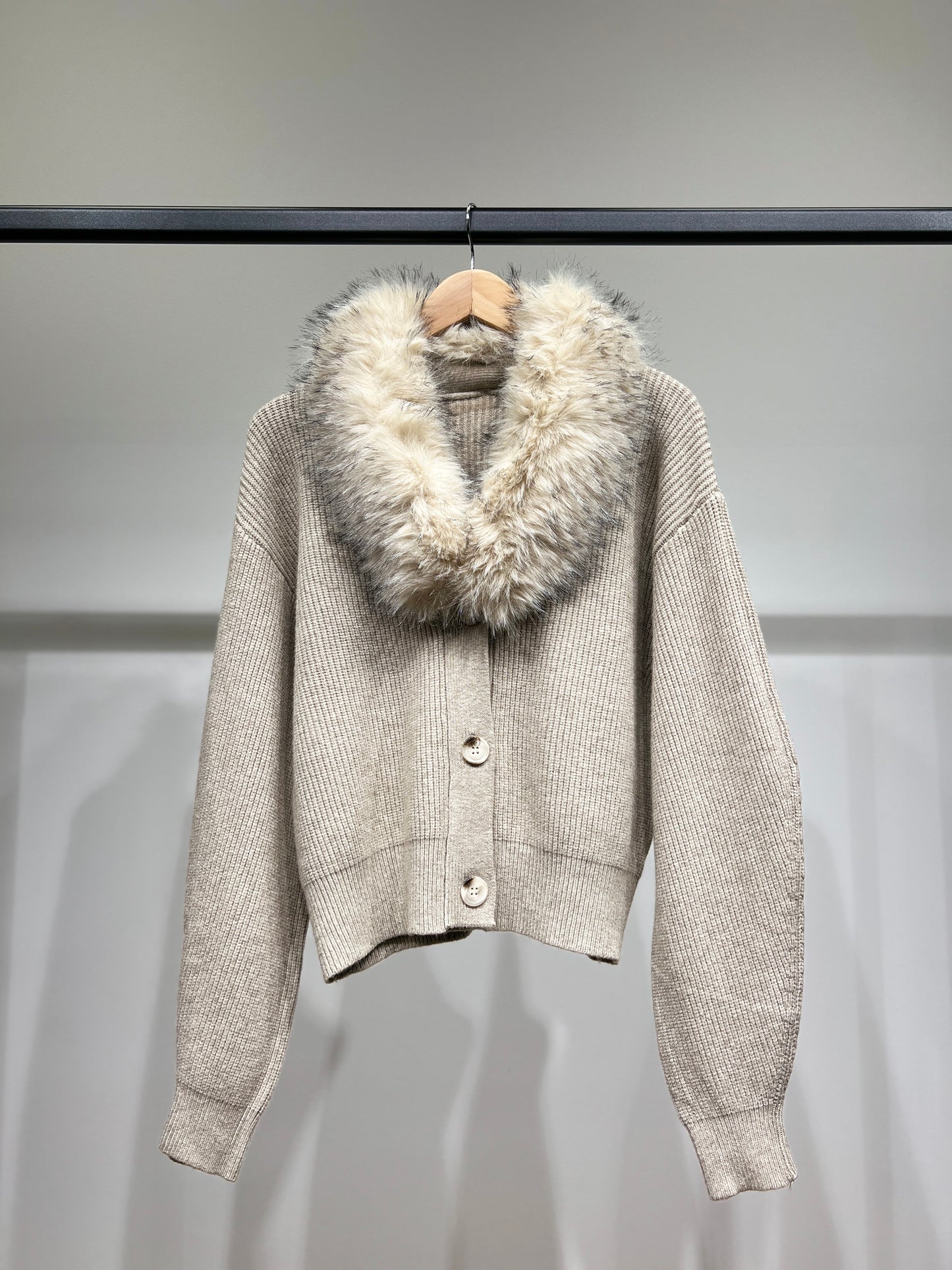 Pull Cardigan Côtelé à Col Fausse Fourrure Amovible