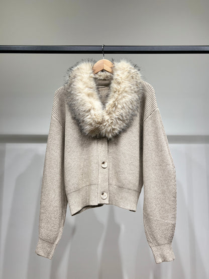 Pull Cardigan Côtelé à Col Fausse Fourrure Amovible