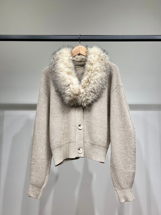 Pull Cardigan Côtelé à Col Fausse Fourrure Amovible