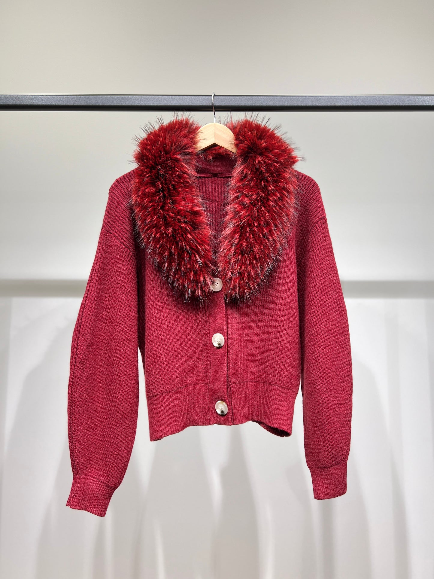 Pull Cardigan Côtelé à Col Fausse Fourrure Amovible