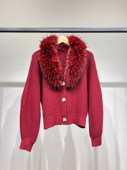 Pull Cardigan Côtelé à Col Fausse Fourrure Amovible