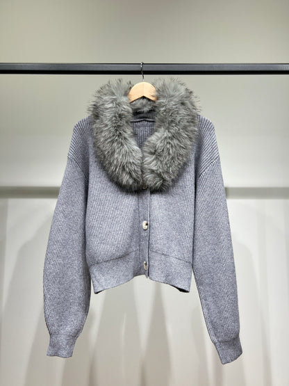 Pull Cardigan Côtelé à Col Fausse Fourrure Amovible