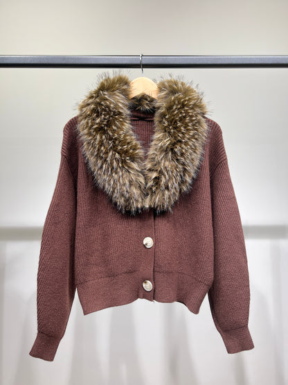 Pull Cardigan Côtelé à Col Fausse Fourrure Amovible