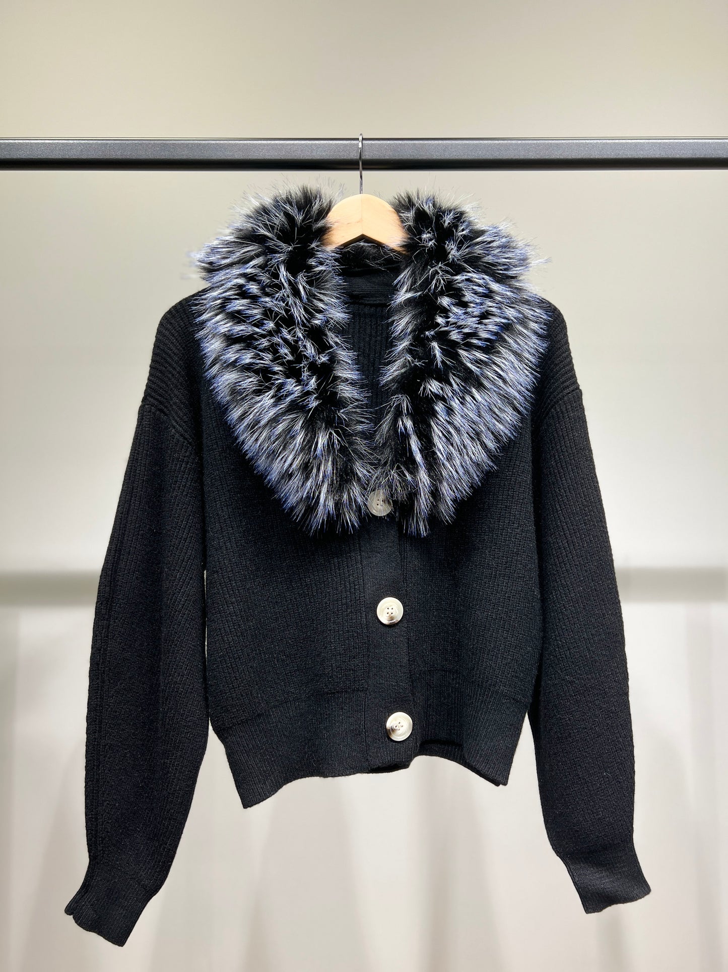 Pull Cardigan Côtelé à Col Fausse Fourrure Amovible