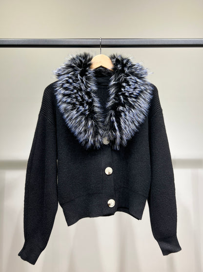 Pull Cardigan Côtelé à Col Fausse Fourrure Amovible