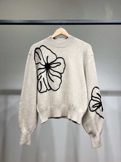 Pull à Manches Ballons Bords-Côtes Motif Floral Brodé