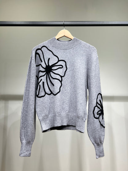 Pull à Manches Ballons Bords-Côtes Motif Floral Brodé