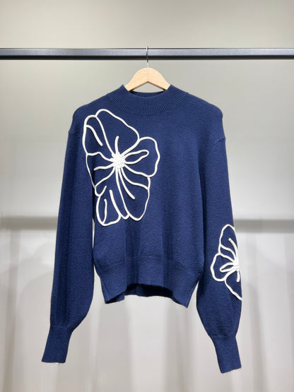 Pull à Manches Ballons Bords-Côtes Motif Floral Brodé