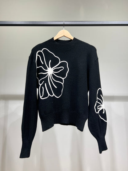 Pull à Manches Ballons Bords-Côtes Motif Floral Brodé