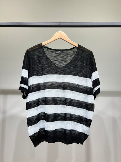 T-Shirt Fin Chiné Motif Marinière Col V à 25% Lin 20% Tencel