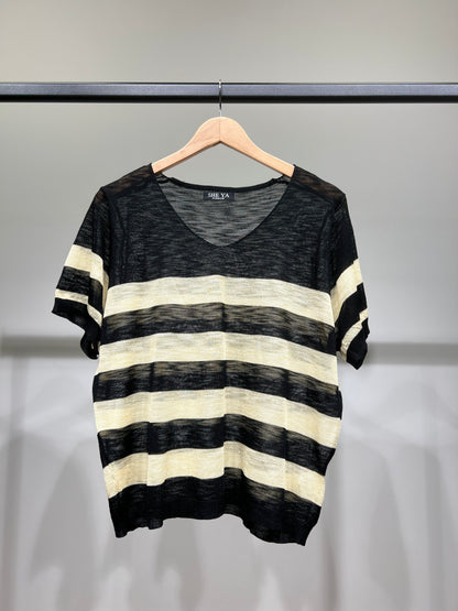 T-Shirt Fin Chiné Motif Marinière Col V à 25% Lin 20% Tencel