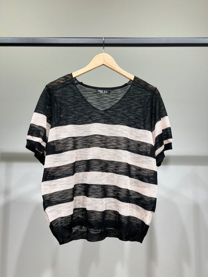 T-Shirt Fin Chiné Motif Marinière Col V à 25% Lin 20% Tencel