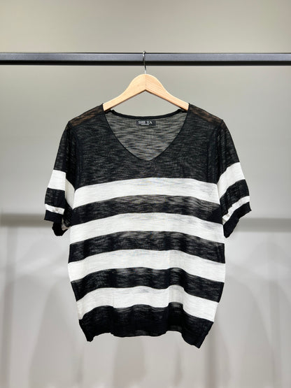 T-Shirt Fin Chiné Motif Marinière Col V à 25% Lin 20% Tencel