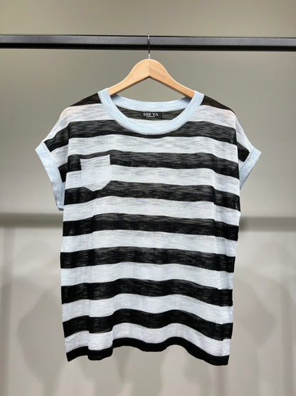 T-Shirt Fin Chiné Motif Marinière Col Rond à 25% Lin 20% Tencel