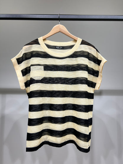 T-Shirt Fin Chiné Motif Marinière Col Rond à 25% Lin 20% Tencel