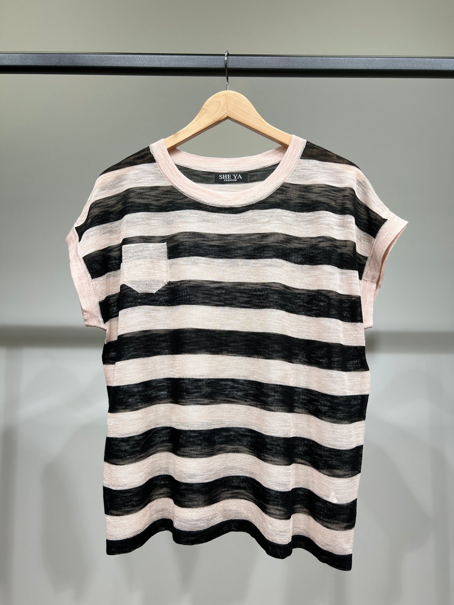 T-Shirt Fin Chiné Motif Marinière Col Rond à 25% Lin 20% Tencel