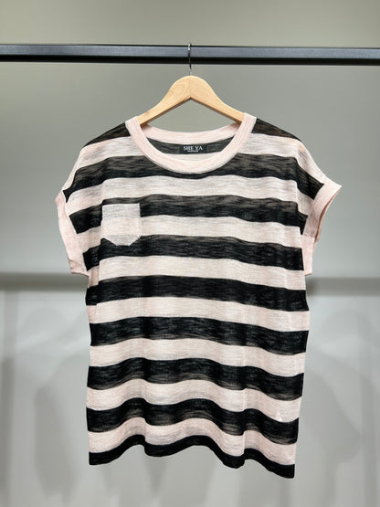 T-Shirt Fin Chiné Motif Marinière Col Rond à 25% Lin 20% Tencel