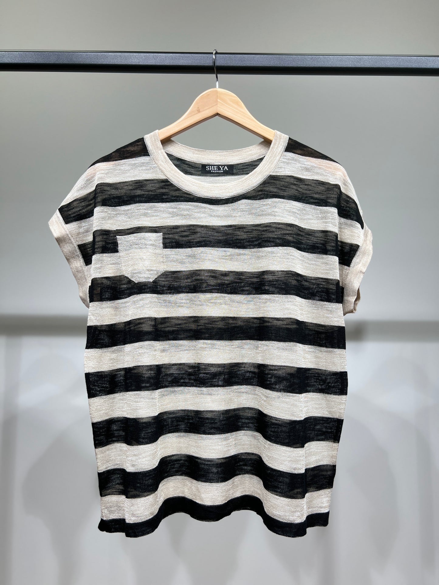 T-Shirt Fin Chiné Motif Marinière Col Rond à 25% Lin 20% Tencel