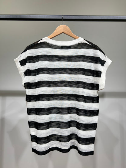 T-Shirt Fin Chiné Motif Marinière Col Rond à 25% Lin 20% Tencel