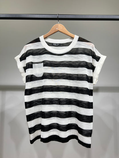 T-Shirt Fin Chiné Motif Marinière Col Rond à 25% Lin 20% Tencel