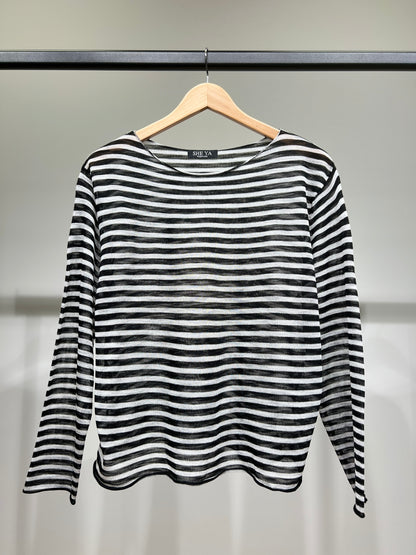 T-Shirt Mailles Fines à Rayures Col Rond Manches Longue 25% Lin 20% Tencel