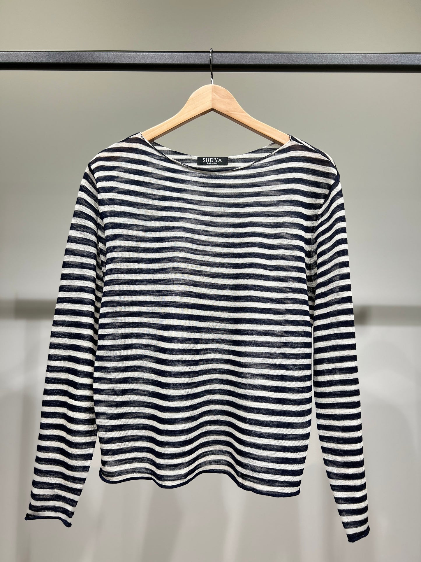 T-Shirt Mailles Fines à Rayures Col Rond Manches Longue 25% Lin 20% Tencel