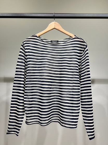 T-Shirt Mailles Fines à Rayures Col Rond Manches Longue 25% Lin 20% Tencel