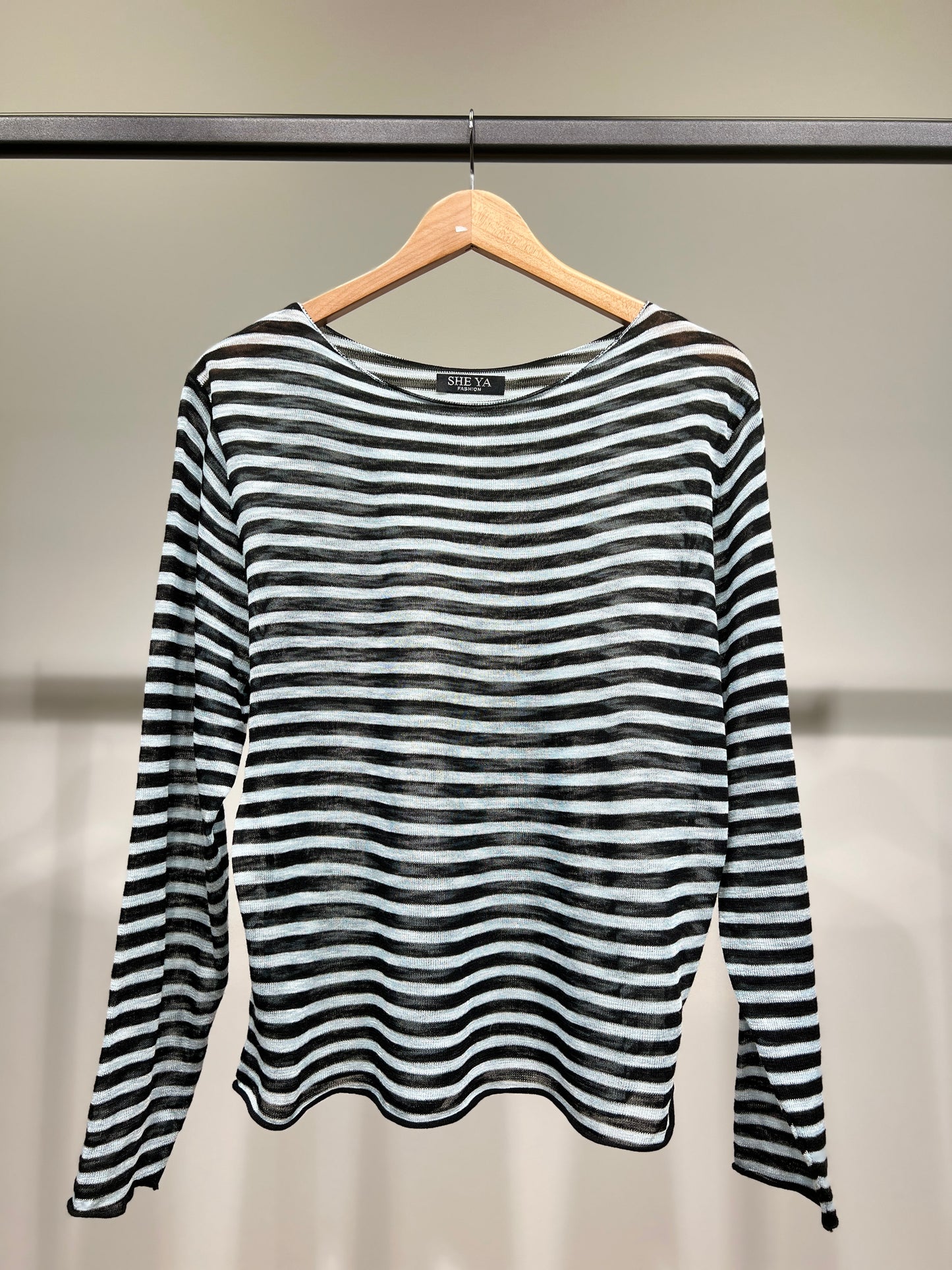 T-Shirt Mailles Fines à Rayures Col Rond Manches Longue 25% Lin 20% Tencel