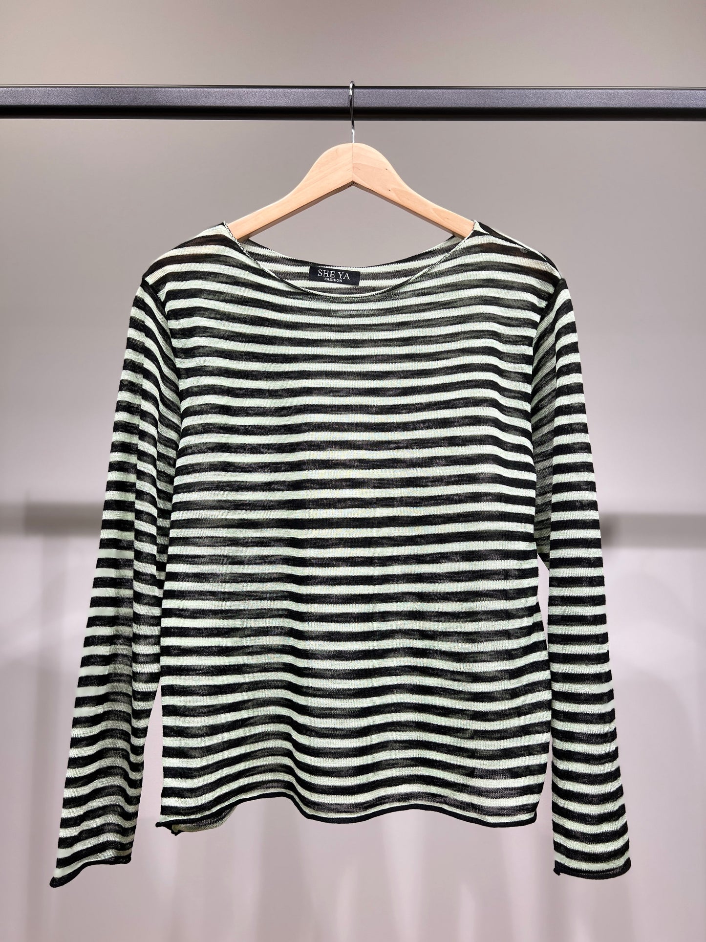 T-Shirt Mailles Fines à Rayures Col Rond Manches Longue 25% Lin 20% Tencel