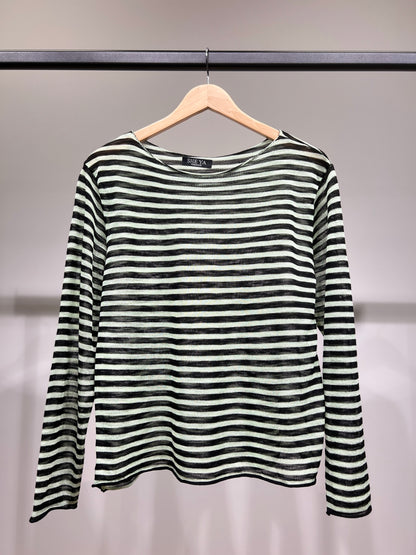 T-Shirt Mailles Fines à Rayures Col Rond Manches Longue 25% Lin 20% Tencel