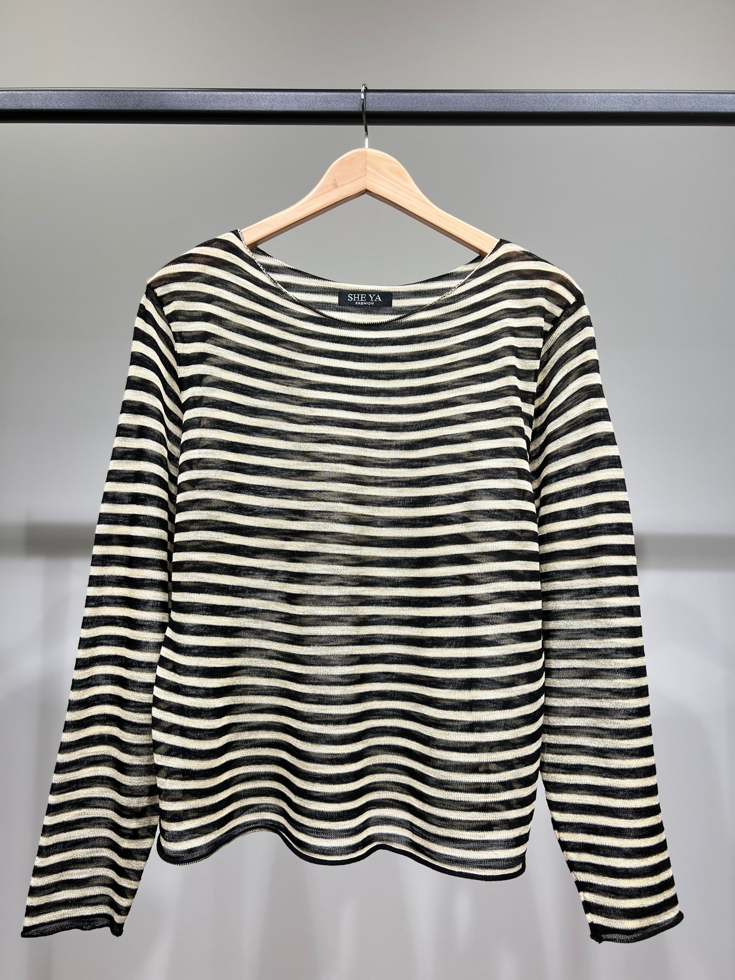 T-Shirt Mailles Fines à Rayures Col Rond Manches Longue 25% Lin 20% Tencel