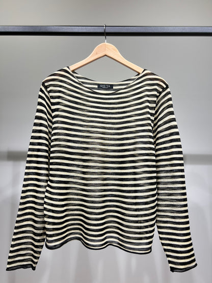 T-Shirt Mailles Fines à Rayures Col Rond Manches Longue 25% Lin 20% Tencel