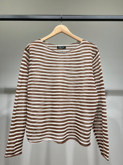 T-Shirt Mailles Fines à Rayures Col Rond Manches Longue 25% Lin 20% Tencel