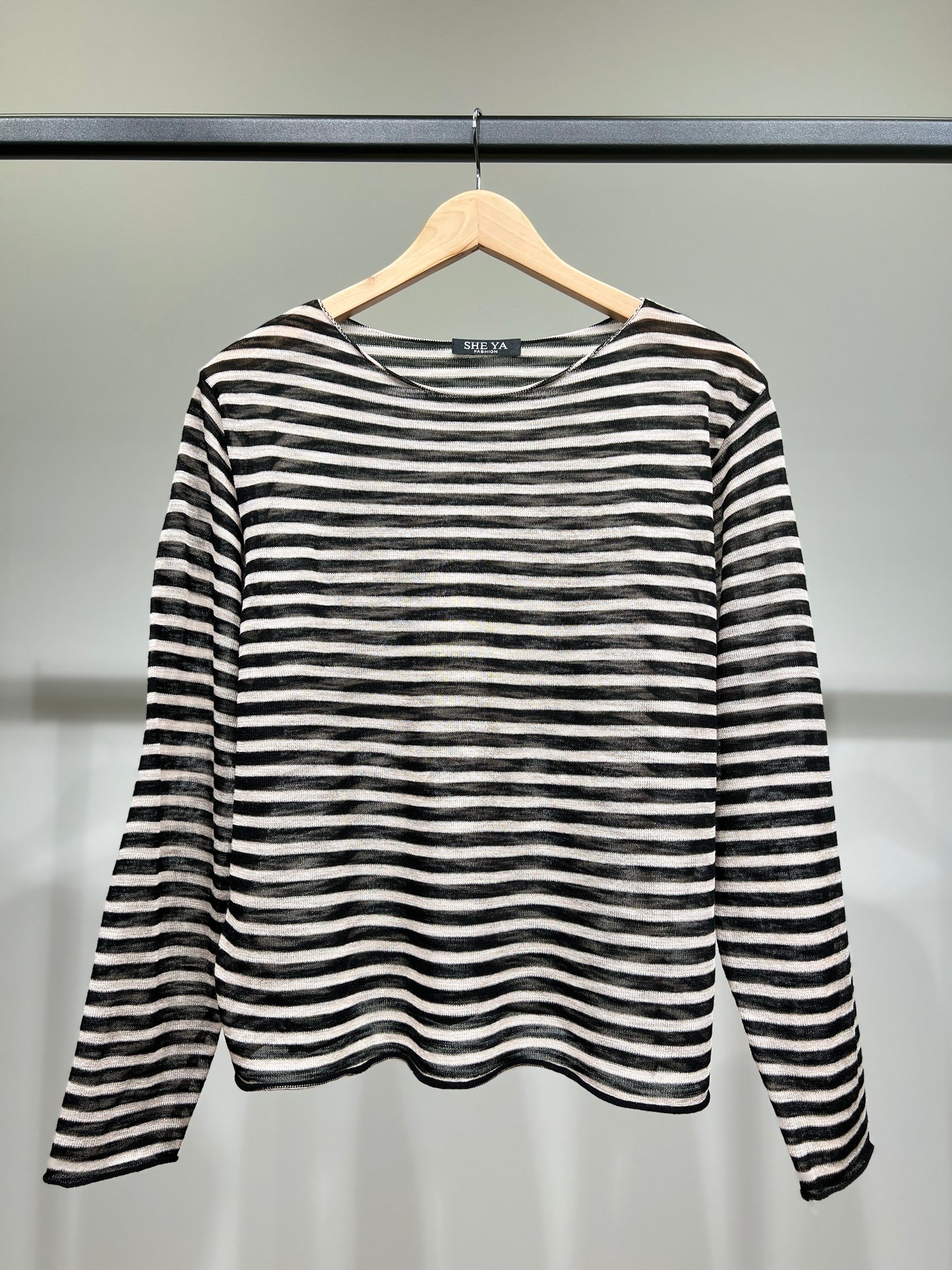 T-Shirt Mailles Fines à Rayures Col Rond Manches Longue 25% Lin 20% Tencel