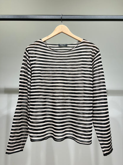 T-Shirt Mailles Fines à Rayures Col Rond Manches Longue 25% Lin 20% Tencel