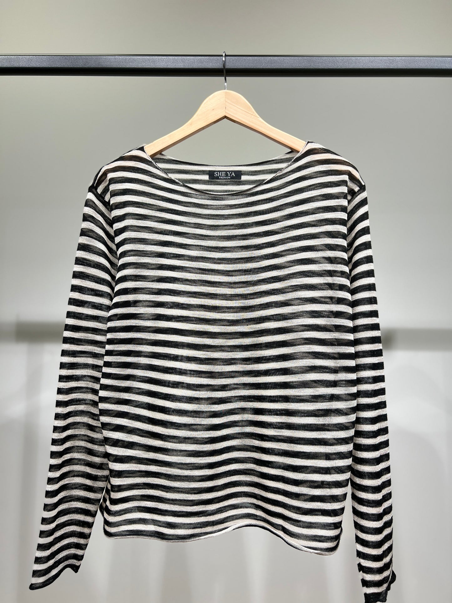 T-Shirt Mailles Fines à Rayures Col Rond Manches Longue 25% Lin 20% Tencel