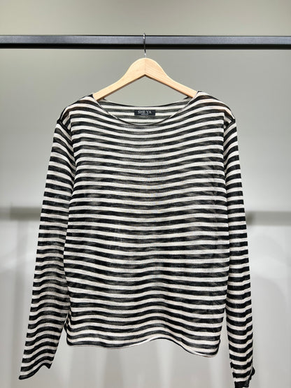 T-Shirt Mailles Fines à Rayures Col Rond Manches Longue 25% Lin 20% Tencel