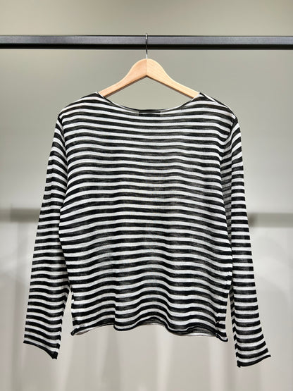 T-Shirt Mailles Fines à Rayures Col Rond Manches Longue 25% Lin 20% Tencel